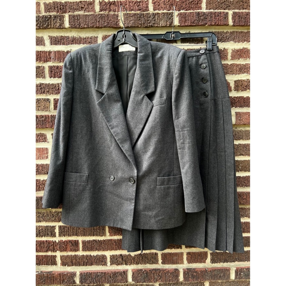 VTG Christian Dior Gray Double Breasted Pleated Skirt Suit Set 100%Wool